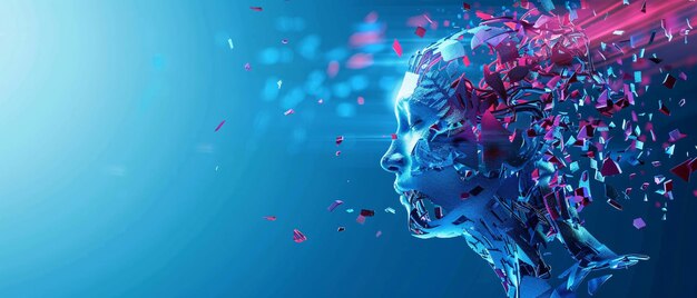 Abstract Digital Art of a Female Face Disintegrating into Blue and Red Fragments Abstract Digital Ar