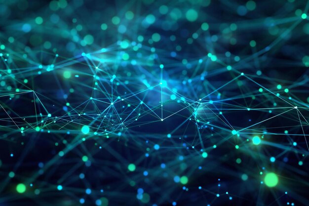 abstract digital background with blue and green glowing lines forming an intricate network of connec