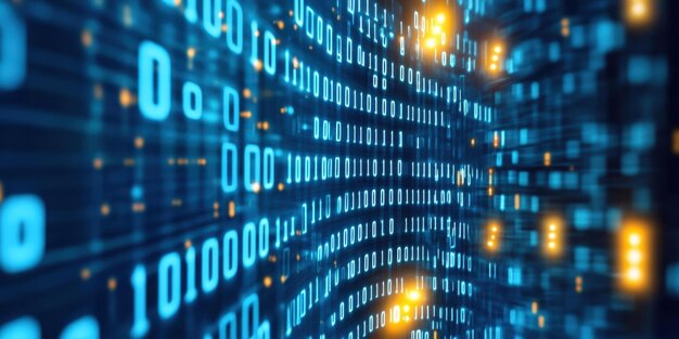 abstract digital background with glowing binary code representing data processing and technology innovation