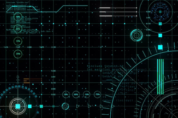 Abstract digital interface with glowing signs and elements programming language at dark background on the screen 3D rendering