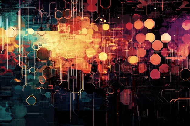 abstract digital tech background with hexagons circuits and glowing lights in red orange and blue hues