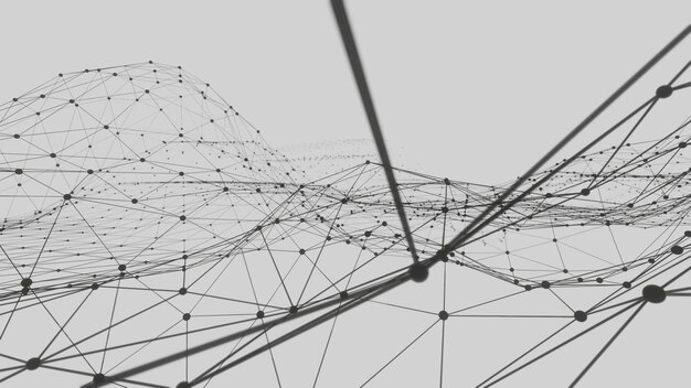 Abstract digital white background. with black polygons and dots.3D blend mesh wave.Digital data visualization with connected dots and lines.Networking vector color wire frame mesh backdrop copy space
