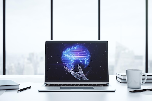 abstract digital world map on modern computer monitor big data and blockchain concept 3d rendering