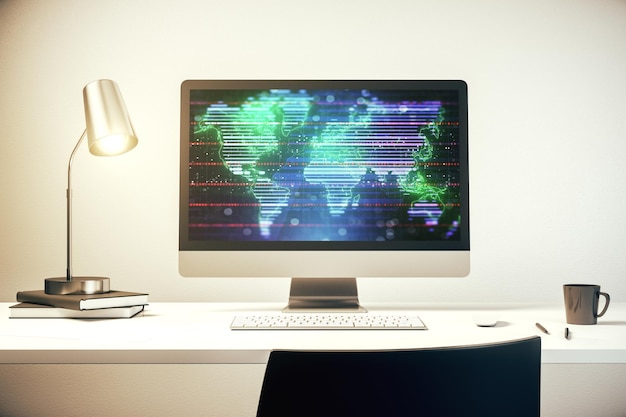 Abstract digital world map on modern computer monitor big data and blockchain concept 3D Rendering