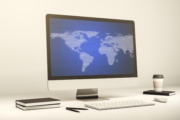 abstract digital world map on modern computer monitor big data and blockchain concept 3d rendering