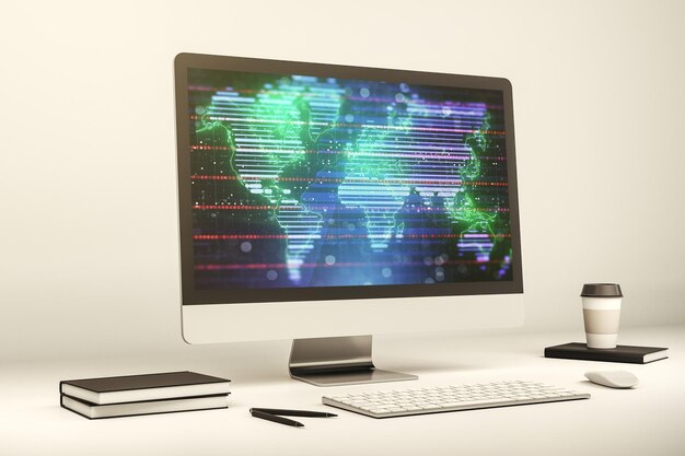 abstract digital world map on modern computer monitor big data and blockchain concept 3d rendering