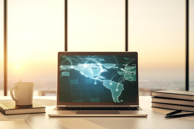 abstract digital world map with connections on modern computer monitor big data and blockchain concept 3d rendering