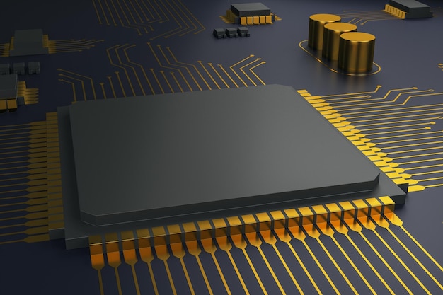 Abstract empty circuit chip on dark background Hardware and engineering concept Mock up 3D Rendering
