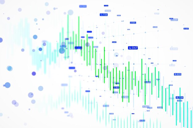 abstract financial stock market graph with green and blue candlesticks on white background featuring futuristic design concept 3d rendering