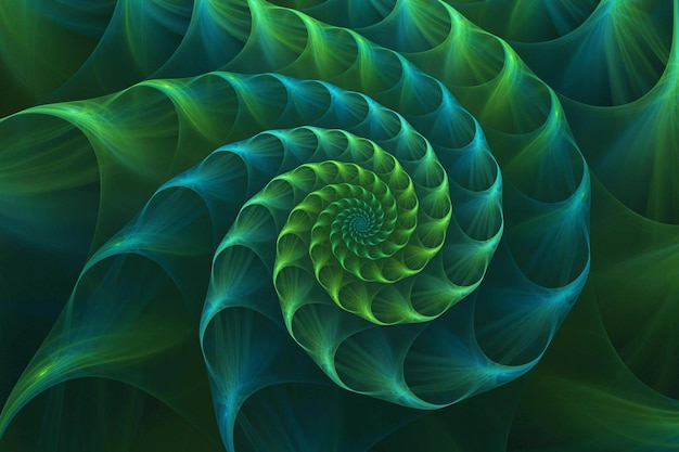 Abstract fractal blue and green sea shell Golden spiral An amazing fibonacci pattern in a nautilus