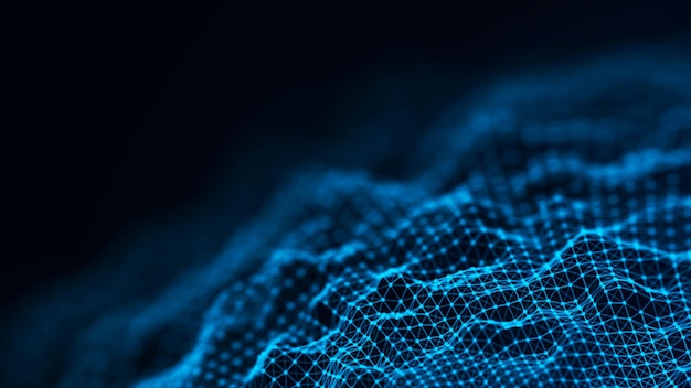 Abstract futuristic background Wave with connecting dots and lines on dark background Wave of particles 3d rendering