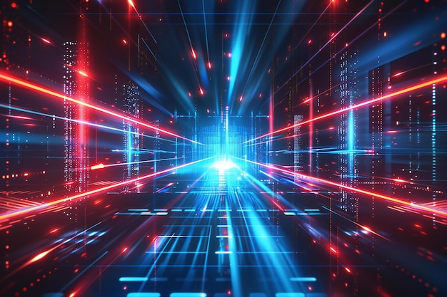 abstract futuristic background with blue and red glowing lines sound waves and laser beams in the