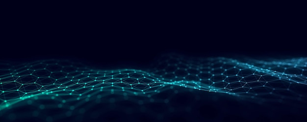 abstract futuristic hexagon wave with moving dots flow of colored particles and lines cyber technology illustration big data visualization 3d rendering