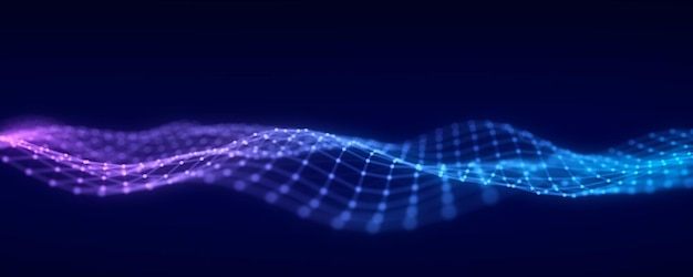 Abstract futuristic wave with moving dots Flow of colored particles and lines Cyber technology illustration Big data visualization 3d rendering