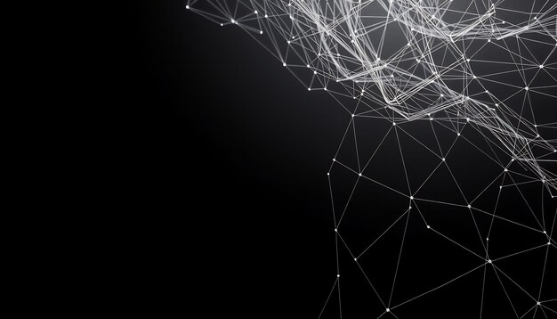 Abstract geometric white lines connected with white dots on a black background