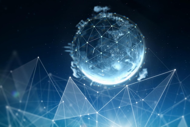 Abstract globe with connected dots wireless communication network on space Global business concept