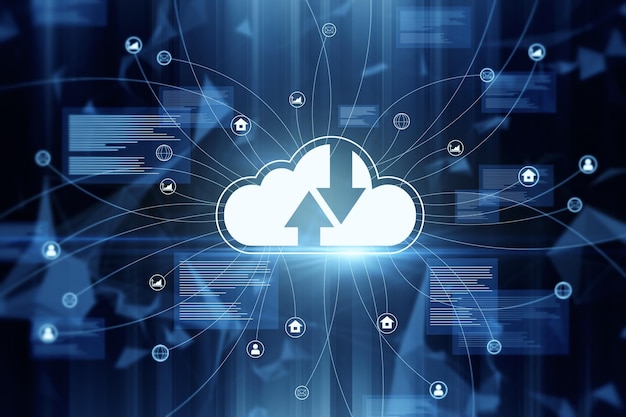 Abstract glowing cloud computing interface on blurry dark backdrop Online network and database concept 3D Rendering