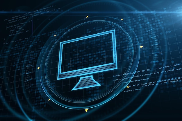Abstract glowing computer hologram interface on blurry background Digital transformation technology and innovation concept 3D Rendering