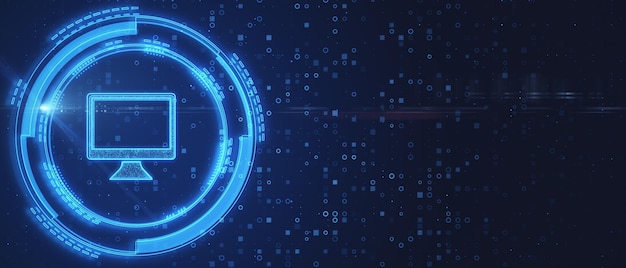 Abstract glowing computer interface on dark background with binary code and mockup Technology and digital transformation concept 3D Rendering