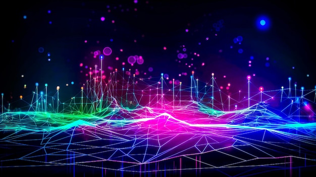 Abstract glowing lines and dots on black background Generative AI