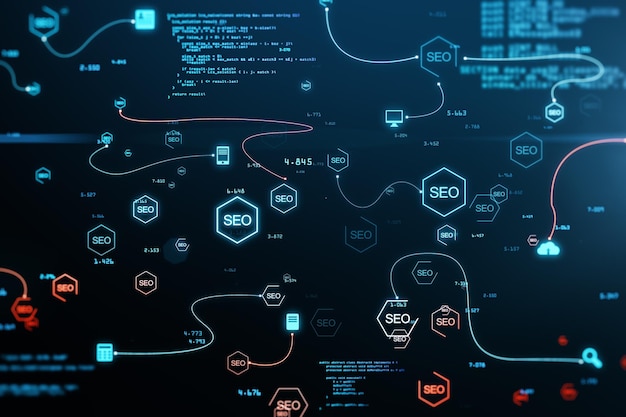 abstract glowing seo background with icons search engine optimization and coding concept 3d rendering