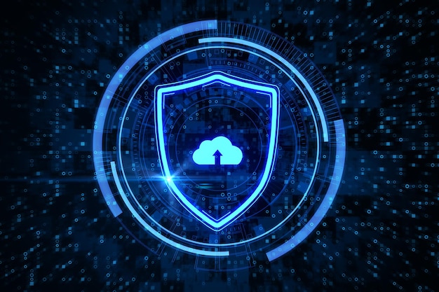 Abstract glowing shield with cloud icon on dark binary code background Cloud computing and safety concept 3D Rendering