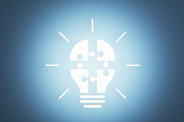 Abstract glowing white puzzle light bulb on blue background Completing business idea Cooperation teamwork Successful solution puzzle Symbol of partnership 3D Rendering