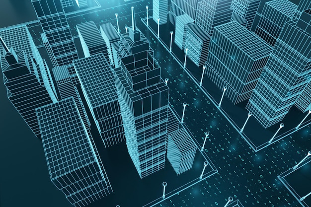 abstract graphic blue city wallpaper building and downtown concept 3d rendering