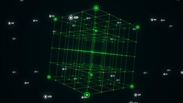 Abstract green scifi cube with particle and line with digital indicators Technology network connection on world Global digital connections ai Wireframe cube Blockchain encryption 3D rendering