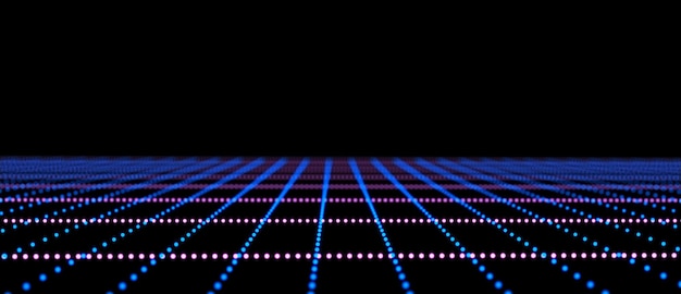 Abstract grid with blue light on black background Science background with moving dots and lines Network connection technology Digital structure with particles 3d rendering