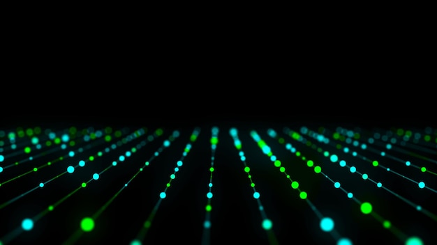 Abstract grid with green light on black background Science background with moving dots and lines Network connection technology Digital structure with particles 3d rendering