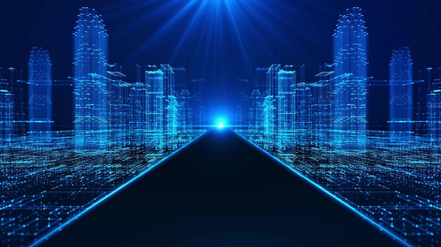 abstract hologram 3D city rendering with futuristic matrix Digital buildings with a binary code particles network Technology and connection concept