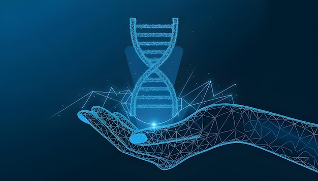 abstract hologram of dna helix in a hand on a blue background digital handholding double helix