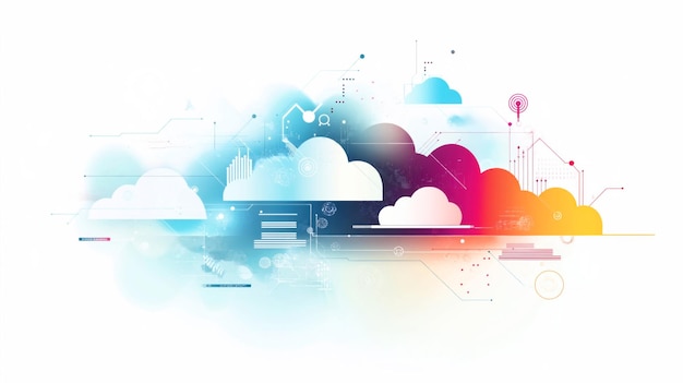 abstract illustration of cloud computing network and data storage depicting multiple colorful clouds interconnected with various digital and data elements
