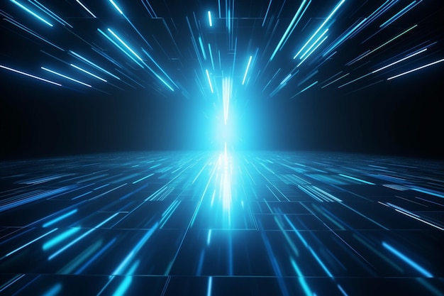 Abstract neon blue lines on black background illuminated reflections on ground technology futuristic concept generative AI