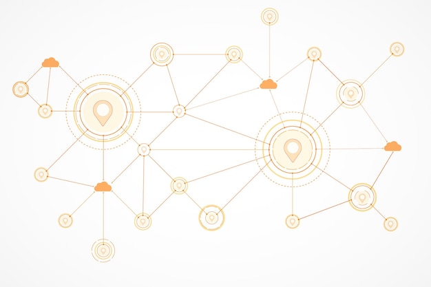 Abstract network connections with location and cloud icons on a light background 3D Rendering