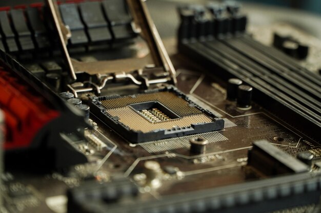 Abstract of electronic engineer of computer technologycomputer technician upgrading computer hardware motherboard cpu by placing CPU on computer motherboard socket