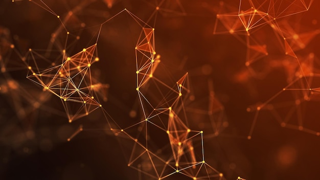 Abstract orange background with moving lines and dots The concept of big data technology and science Worldwide network connection 3d renderin