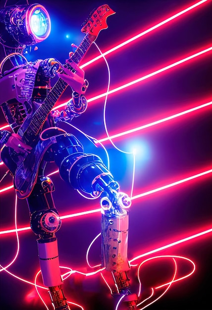 Abstract portrait of a cyberpunk robot musician A robot playing the guitar