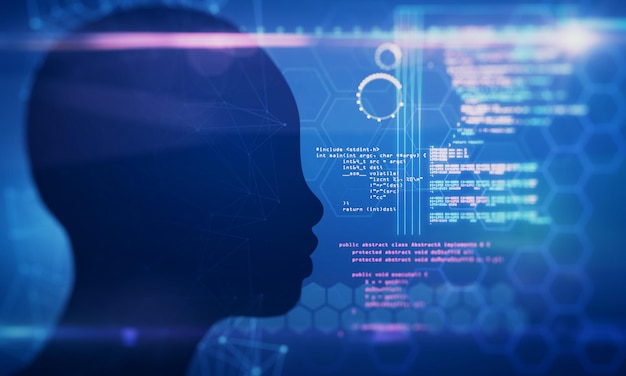 abstract programming backdrop with head outline ai and coding concept 3d rendering