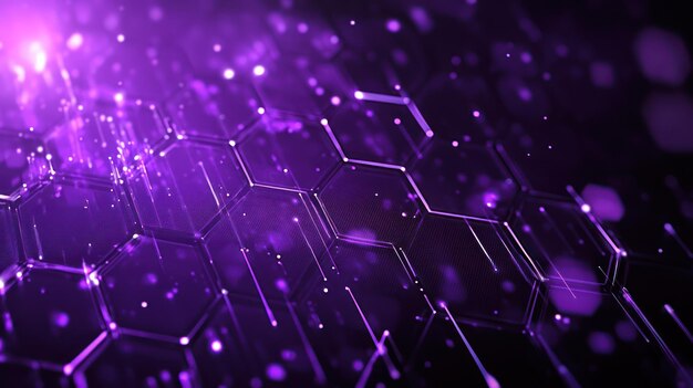 Abstract purple hexagonal pattern with glowing lines and particles