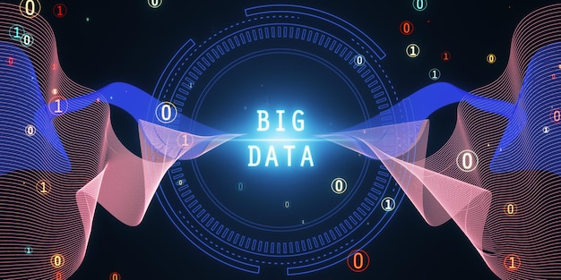 Abstract round big data hologram with binary code on dark backdrop Stream information filtering machine algorithm concept 3D Rendering