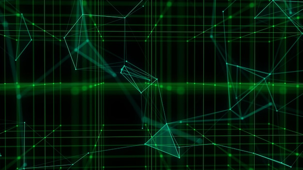 Abstract scifi cube with particle and line with digital indicators Technology network connection on world Global digital connections ai Wireframe cube Blockchain encryption 3D rendering