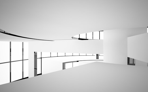 abstract smooth architectural white and black gloss interior of a minimalist house with large window