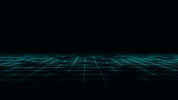 abstract technology perspective grid detailed wireframe landscape with lines on black background digital space with mesh 3d rendering