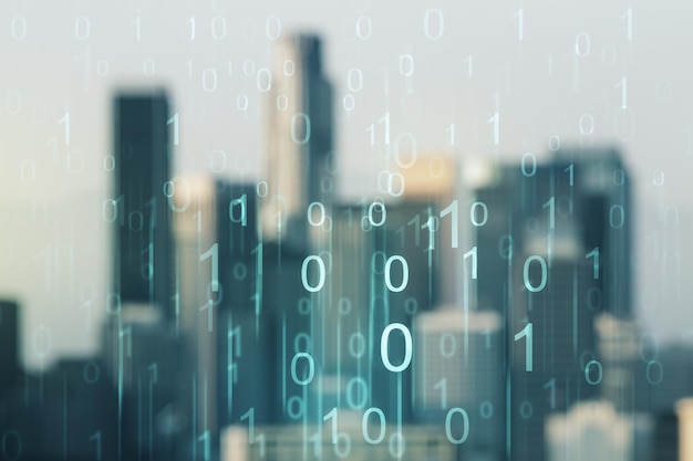 Abstract virtual binary code hologram on blurry skyscrapers background AI and machine learning concept Multiexposure
