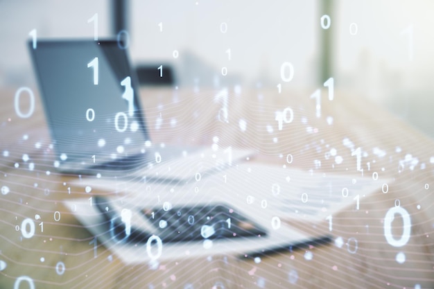 Abstract virtual binary code illustration on calculator and laptop background Big data and coding concept Multiexposure