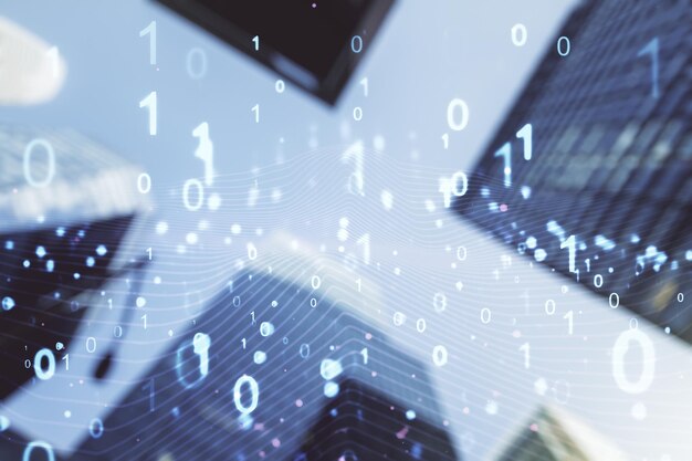 Abstract virtual binary code illustration on office buildings background Big data and coding concept Multiexposure