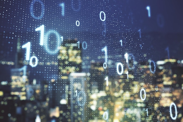 Abstract virtual binary code sketch on blurry office buildings background hacking and matrix concept Multiexposure