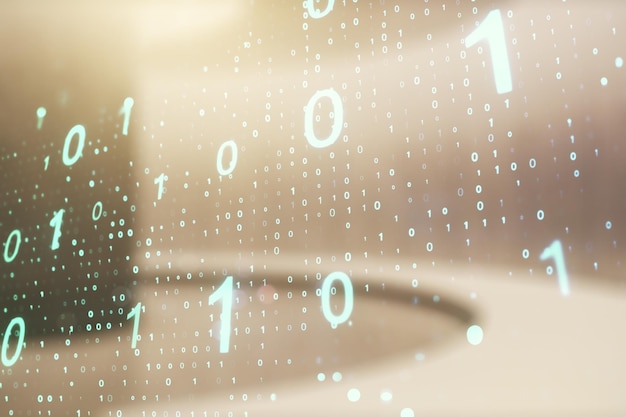 Abstract virtual binary code sketch on empty classroom background hacking and matrix concept Multiexposure